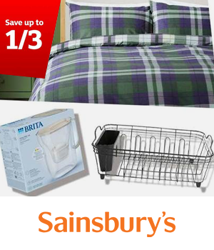 Sainsbury's - A green plaid bed set, Brita water filter and black dish drying rack with copy 'Save up to 1/3'