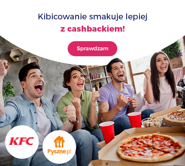 Four friends cheering while watching sport with pizza and drinks, KFC and Pyszne.pl logos and a cashback promo button