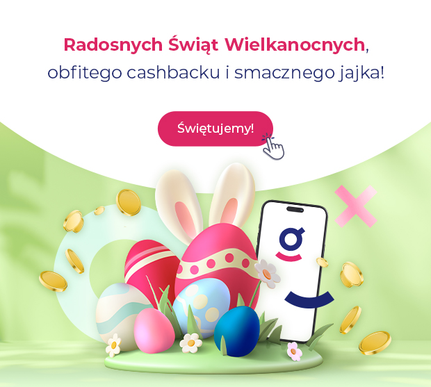 Wielkanocna grafika z pisankami, uszami królika i telefonem z sygnetem goodie oraz życzeniami świątecznymi.