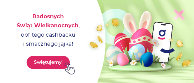 Wielkanocna grafika z pisankami, uszami królika i telefonem z sygnetem goodie oraz życzeniami świątecznymi.