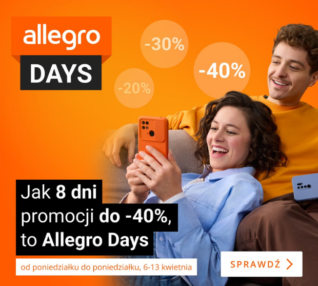 Smiling couple on a sofa looking at a smartphone beside an orange Allegro Days sale graphic showing -20%, -30% and -40% discounts and promo dates