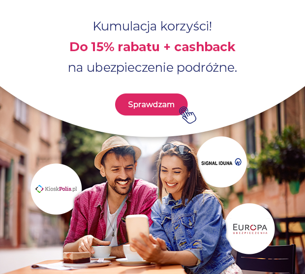 Promocja ubezpieczenia podróżnego – do 15% rabatu i cashback. Dwie osoby przy stoliku w kawiarni korzystają z telefonu.