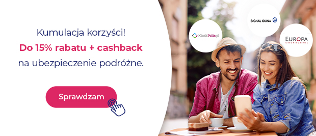 Promocja ubezpieczenia podróżnego – do 15% rabatu i cashback. Dwie osoby przy stoliku w kawiarni korzystają z telefonu.