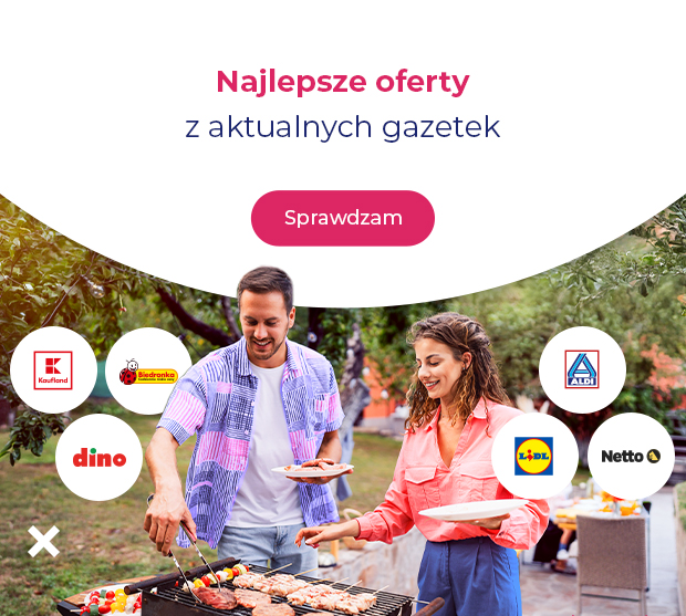 „Najlepsze oferty z aktualnych gazetek”, przycisk „Sprawdzam”, poniżej para przy grillu oraz logotypy sklepów Kaufland, Biedronka, Dino, Lidl, Aldi i Netto.