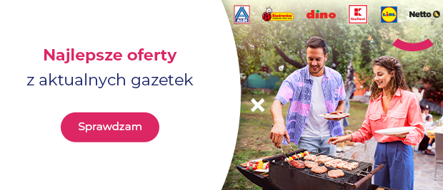 „Najlepsze oferty z aktualnych gazetek”, przycisk „Sprawdzam”, poniżej para przy grillu oraz logotypy sklepów Kaufland, Biedronka, Dino, Lidl, Aldi i Netto.