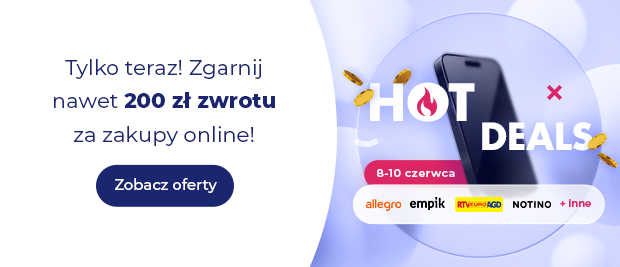 Grafika promocyjna goodie HOT DEALS: smartfon na fioletowym tle z lecącymi monetami oraz tekst „Tylko teraz! Zgarnij nawet 200 zł zwrotu za zakupy online!”, przycisk „Zobacz oferty” i informacja o akcji cashback 8–10 czerwca u partnerów Allegro, Empik, RTV EURO AGD, Notino i innych.