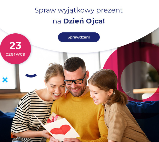 Na grafice ojciec wraz ze swoimi dziećmi siedzi na kanapie; razem oglądają kartkę z dużym czerwonym sercem, trzymaną w dłoniach. Scena ma ciepły, domowy charakter, a całość uzupełniają nowoczesne, kolorowe elementy graficzne.