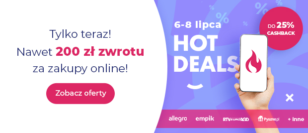 Grafika promocyjna goodie HOT DEALS: smartfon na fioletowym tle oraz tekst „Tylko teraz! Nawet 200 zł zwrotu za zakupy online!”, przycisk „Zobacz oferty” i informacja o akcji cashback 6-8 lipca u partnerów Allegro, Empik, RTV Euro AGD, Pyszne.pl