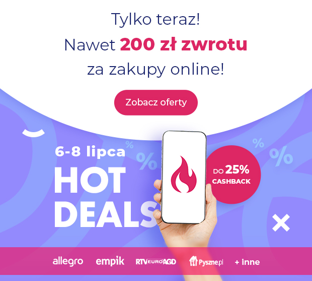 Grafika promocyjna goodie HOT DEALS: smartfon na fioletowym tle oraz tekst „Tylko teraz! Nawet 200 zł zwrotu za zakupy online!”, przycisk „Zobacz oferty” i informacja o akcji cashback 6-8 lipca u partnerów Allegro, Empik, RTV Euro AGD, Pyszne.pl