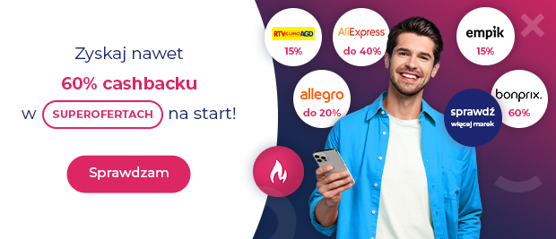 Smiling man with smartphone beside cashback badges (up to 60%, AliExpress, Allegro, Empik, RTV Euro AGD) and CTA button