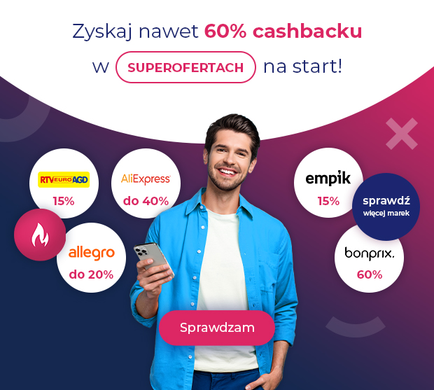 Smiling man with smartphone and banner promoting up to 60% cashback on super offers, brand logos: RTV Euro AGD, AliExpress, Allegro, Empik, bonprix