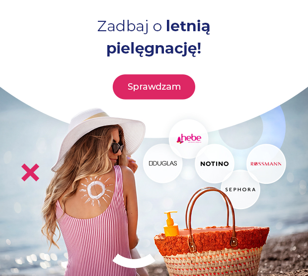Woman on beach in sunhat and striped swimsuit with sun-shaped sunscreen on back, beach bag, sunscreen and skincare brands