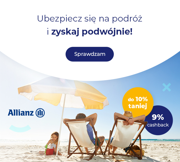 Grafika promocyjna Allianz z wakacyjną sceną na plaży z tekstem „Ubezpiecz się na podróż i zyskaj podwójnie!” oraz informacje o promocji: do 10% taniej i 9% cashback.