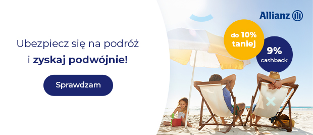 Grafika promocyjna Allianz z wakacyjną sceną na plaży z tekstem „Ubezpiecz się na podróż i zyskaj podwójnie!” oraz informacje o promocji: do 10% taniej i 9% cashback.