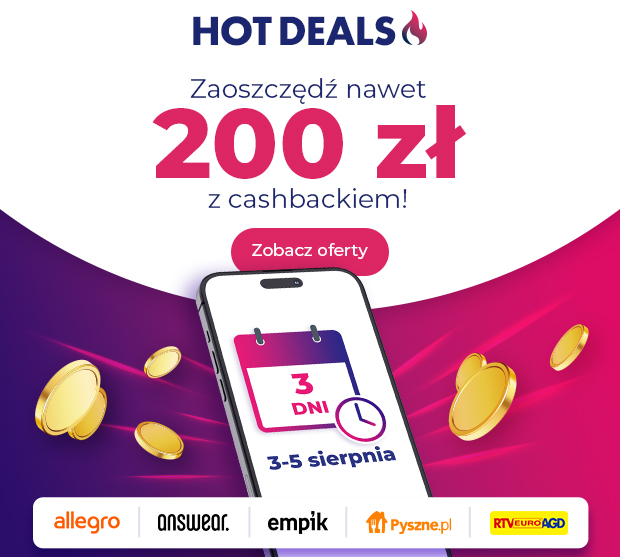 Grafika promująca akcję goodie HOT DEALS z cashbackiem do 200 zł. Smartfon z kalendarzem oznaczającym 3 dni promocji oraz logotypy partnerów akcji: Allegro, Answear, Empik, Pyszne.pl, RTV Euro AGD. Kliknij, aby zobaczyć oferty.