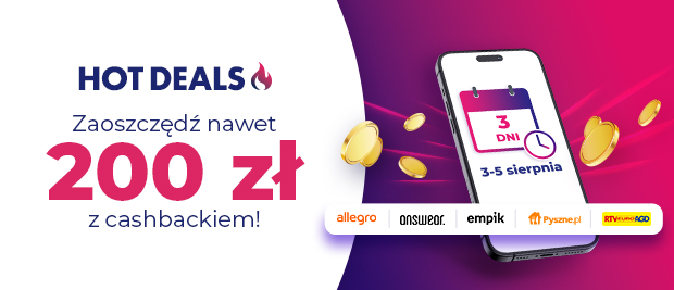 Grafika promująca akcję goodie HOT DEALS z cashbackiem do 200 zł. Smartfon z kalendarzem oznaczającym 3 dni promocji oraz logotypy partnerów akcji: Allegro, Answear, Empik, Pyszne.pl, RTV Euro AGD. Kliknij, aby zobaczyć oferty.