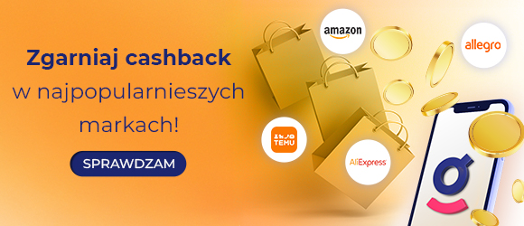 Promotional banner: cashback offer with shopping bags, gold coins, Amazon/Allegro/Temu/AliExpress logos and smartphone app CTA