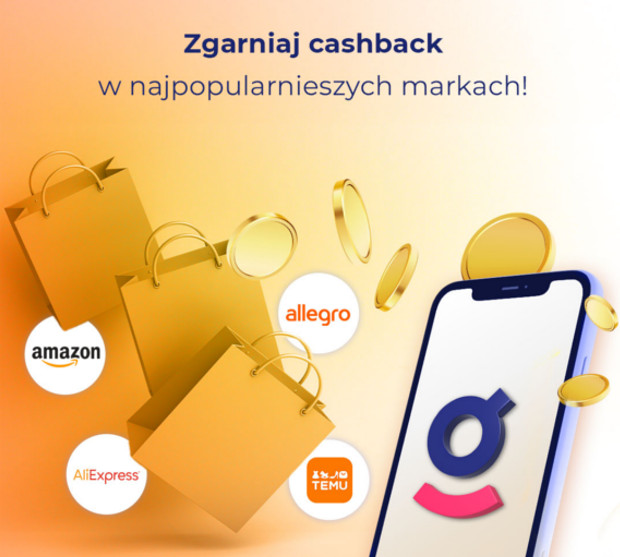 Smartphone app offering cashback with gold shopping bags, flying coins and logos for Amazon, Allegro, AliExpress and Temu