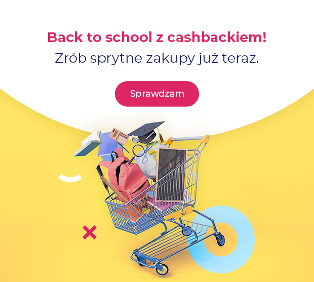 Shopping trolley filled with school supplies — backpack, laptop, books and calculator — promoting back-to-school cashback offer