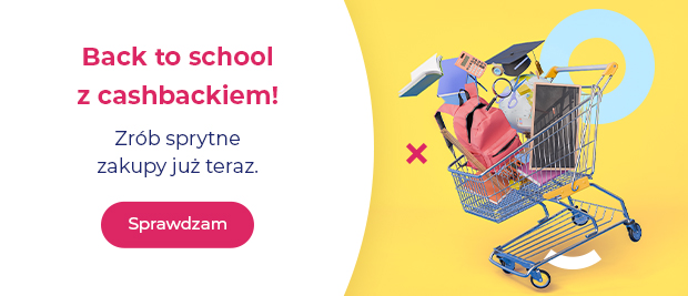 Back-to-school cashback banner showing a shopping trolley overflowing with a backpack, books, laptop and stationery on a yellow background