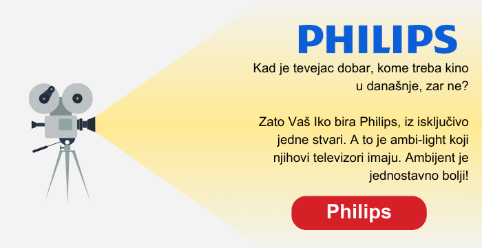 Promotivna slika za brend Philips s naglaskom na kvalitetu njihovih televizora. Glavni slogan glasi: 'Kad je tevejac dobar, kome treba kino u današnje dobar?', ističući prednosti Philips televizora s ambi-light tehnologijom koja poboljšava atmosferu gledanja. Vizual uključuje ilustraciju starinskog filmskog projektora koji projicira svjetlost prema tekstu. Crveni gumb s natpisom 'Philips' potiče korisnike na daljnje istraživanje proizvoda.