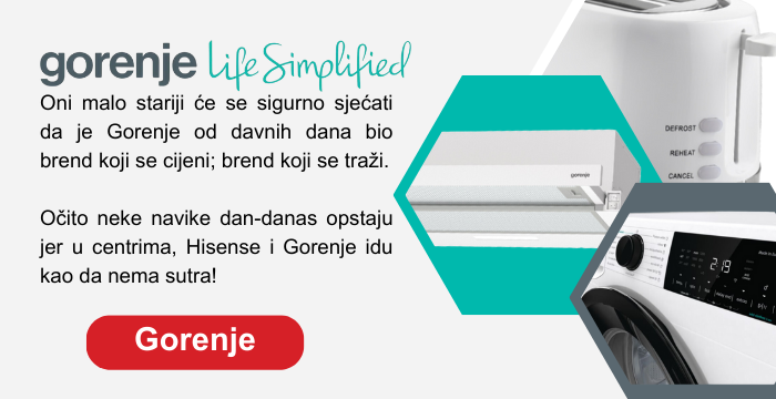 Promotivna slika za brend Gorenje s motom 'Life Simplified'. Tekst naglašava dugogodišnju popularnost i kvalitetu brenda, ističući da je Gorenje od davnih dana cijenjen i tražen. Spominje se da proizvodi Gorenje i Hisense i dalje ostaju omiljeni izbor kupaca. Vizualno su prikazani bijela kuhinjska oprema, klima uređaj i perilica rublja, s crvenim gumbom 'Gorenje' koji potiče na daljnje istraživanje ponude.