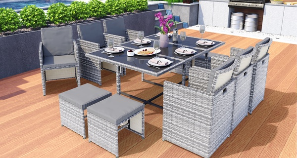 Salon de jardin en polyrotin "Vegas" avec coussins de Swing & Harmonie, livraison incluse.