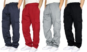 Men's Fleece Cargo Pants Relaxed Fit Drawstring Elastic Waist Joggers Sweatpants