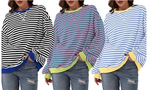 Women's Classic Striped Oversized Crewneck Sweatshirt Fall Fashion 2024