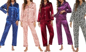 Women's Satin Pajama Set 2-Piece Sleepwear Loungewear Long Sleeve Button PJ Set