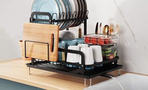 NewHome 2-Tier Black Dish Drying Rack with Automatic Drainage