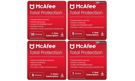 McAfee Total Protection 2025 para 1, 3, 5 o 10 dispositivos McAfee Total Protection 2025 para 1, 3, 5 o 10 dispositivos