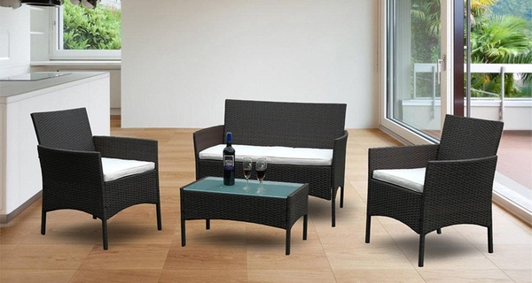 Salottino da Esterno Modulare in Polyrattan Nero per 4 Persone con Tavolino in Vetro Temperato