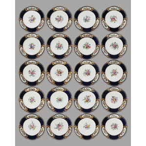 A Very Fine Twenty-Piece Group of Sevres Partial Gilt and 'Bleu Lapis' Ground Porcelain Dinner Plates, circa 1765 Marks: (b... (Total: 20 Items)