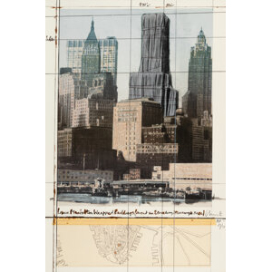 Christo (1935-2020) Lower Manhattan Wrapped Buildings, Project for 2 Broadway, 20 Exchange Place, 1991