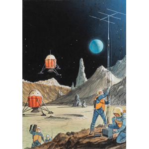 Alex Schomburg (American, 1905-1998) Erecting Transmitter on the Moon, Amazing Stories pulp magazine preliminary cover,