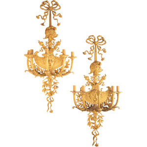 A Pair of French Belle Époque Louis XVI Revival Five-Light Wall Sconces, circa 1890 46 x 20-1/2 x 11-1/2 inches (116.8 x 52... (Total: 2 Items)