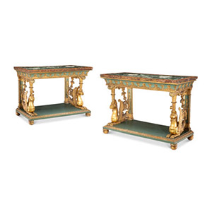 A Pair of Italian Empire Partial Gilt, Verdigris Painted Console Tables with Marble Tops, likely Palermo, 1st Quarter 19th C... (Total: 2 Items)