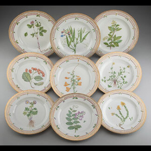 Nine Royal Copenhagen Flora Danica Pattern Partial Gilt Porcelain Dinner Plates, 1950-1984 Marks: ROYAL (cr... (Total: 9 Items)