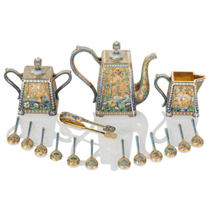 A Russian Shaded Cloisonné Enameled Gilt Silver Imperial Presentation Coffee Service Pavel Ovchinnikov, Moscow, 1899-1908