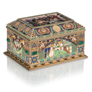 A Russian En Plein and Cloisonné Enameled Gem-Set Gilt Silver Casket after Ilya Repin's Reply of the Zaporoz