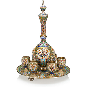 A Russian Cloisonné Enameled Gilt Silver Vodka Service