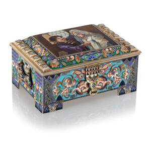 A Russian En Plein and Cloisonné Enameled Gilt Silver Casket after Makovsky's Boyar Wedding Feodor Rü