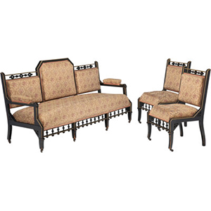 Three-Piece George Hunzinger Upholstered Brass-Mounted and Ebonized Wood Furniture Suite