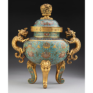 A Chinese Cloisonne Enamel and Gilt Bronze Tripod Censer and Cover