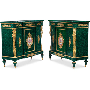 A Pair of Louis XV-Style Gilt Bronze-Mounted Malachite Veneered Cabinets with Porcelain Plaques 