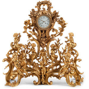 A Monumental French Louis XV-Style Gilt Bronze Clock 37 x 35 x 12 inches (94.0 x 88.9 x 30.5 cm)