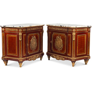 A Pair of Régence-Style Gilt Bronze-Mounted Parquetry Inlaid Cabinets with Marble Tops 