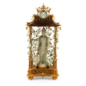 A Monumental French Chinoiserie Gilt Bronze and Blanc-de-Chine Porcelain Clock 