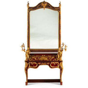 A Large Louis XV-Style Gilt Bronze-Mounted Mahogany Veneered Mantel with Mirror